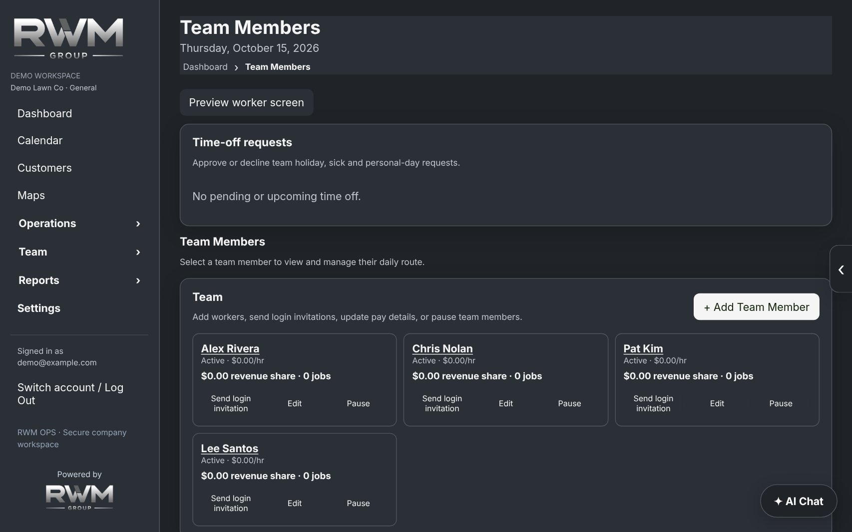 RWM OPS Team screen