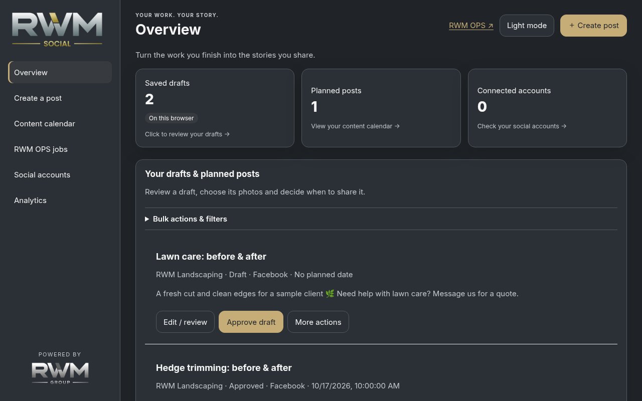 RWM SOCIAL Overview screen