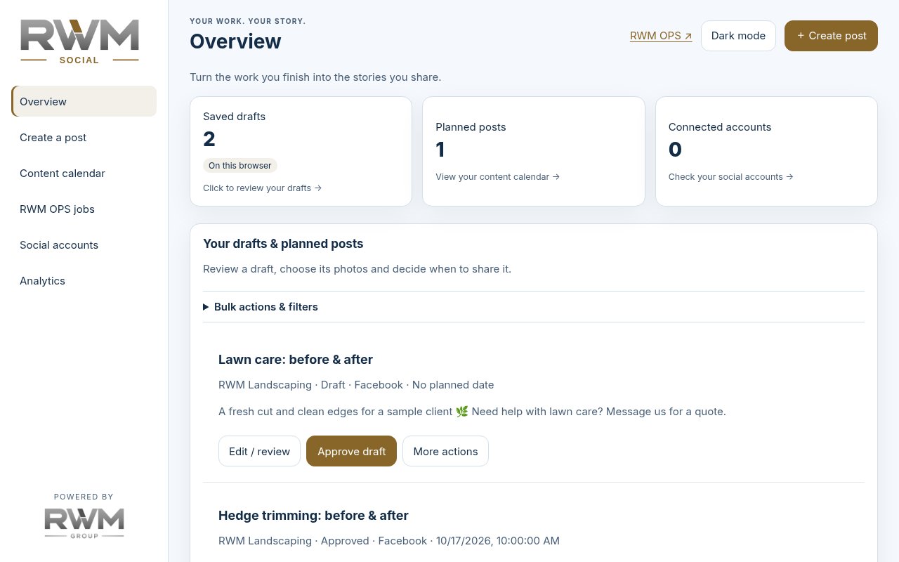 RWM SOCIAL Overview screen